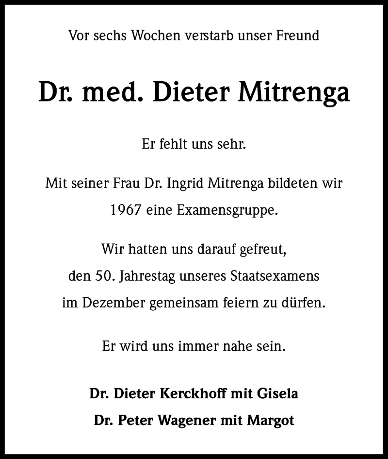  Traueranzeige für Dieter Mitrenga vom 02.09.2017 aus Kölner Stadt-Anzeiger / Kölnische Rundschau / Express