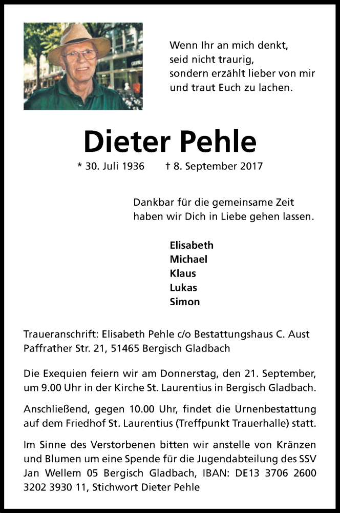  Traueranzeige für Dieter Pehle vom 16.09.2017 aus Kölner Stadt-Anzeiger / Kölnische Rundschau / Express