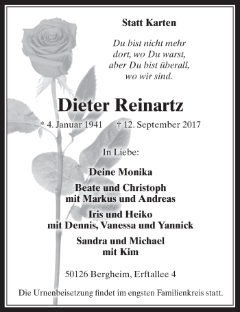 Anzeige von Dieter Reinartz von  Werbepost 