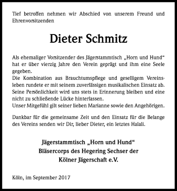 Anzeige von Dieter Schmitz von Kölner Stadt-Anzeiger / Kölnische Rundschau / Express