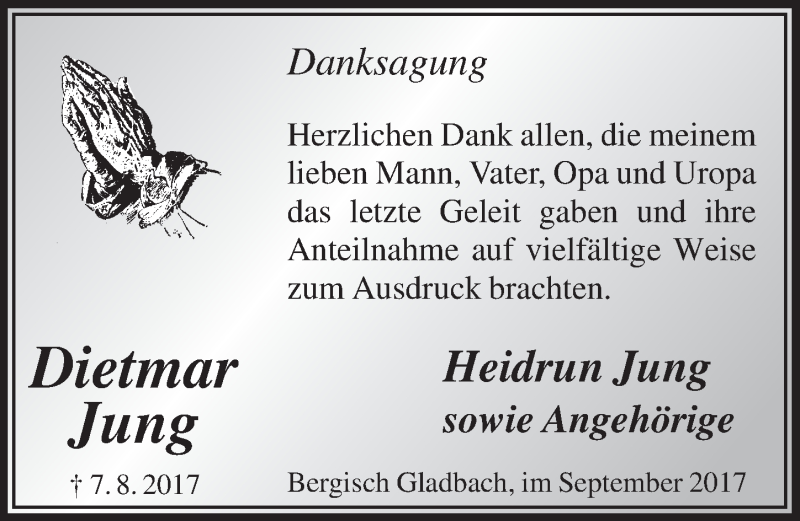  Traueranzeige für Dietmar Jung vom 13.09.2017 aus  Bergisches Handelsblatt 