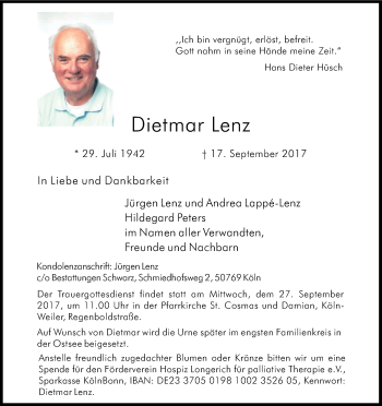 Anzeige von Dietmar Lenz von Kölner Stadt-Anzeiger / Kölnische Rundschau / Express