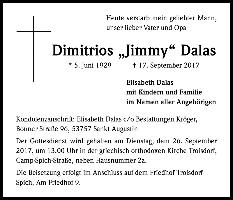  Traueranzeige für Dimitrios Dalas vom 22.09.2017 aus Kölner Stadt-Anzeiger / Kölnische Rundschau / Express