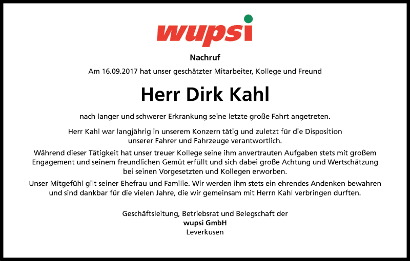  Traueranzeige für Dirk Kahl vom 23.09.2017 aus Kölner Stadt-Anzeiger / Kölnische Rundschau / Express