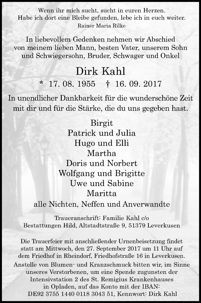  Traueranzeige für Dirk Kahl vom 23.09.2017 aus Kölner Stadt-Anzeiger / Kölnische Rundschau / Express