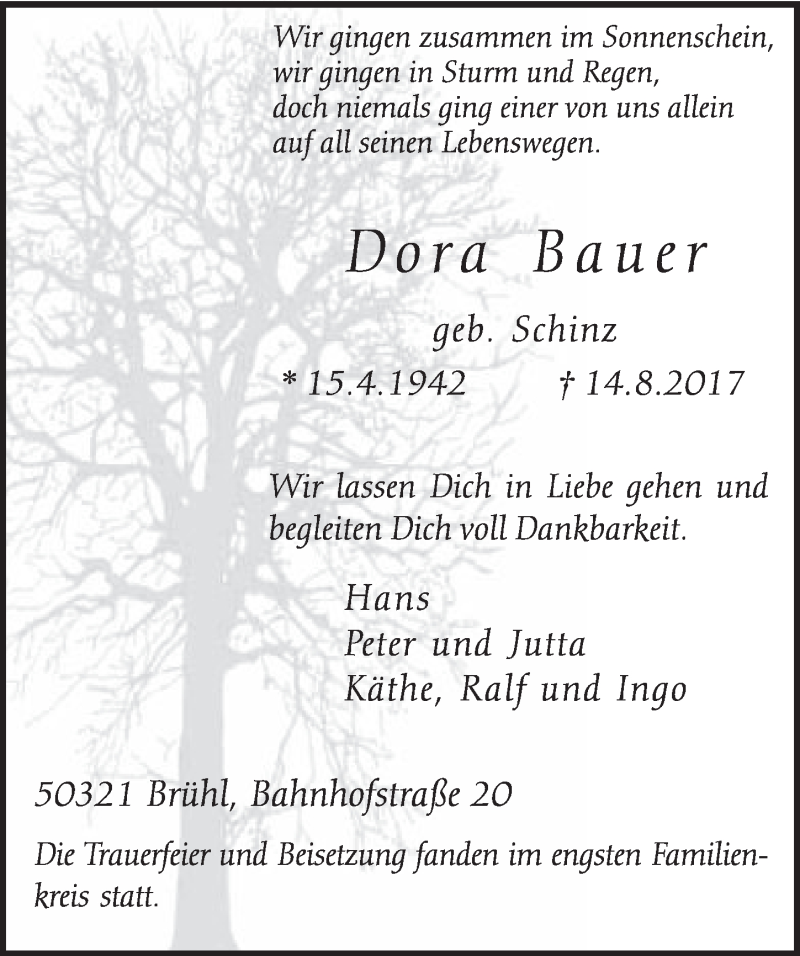  Traueranzeige für Dora Bauer vom 27.09.2017 aus  Schlossbote/Werbekurier 