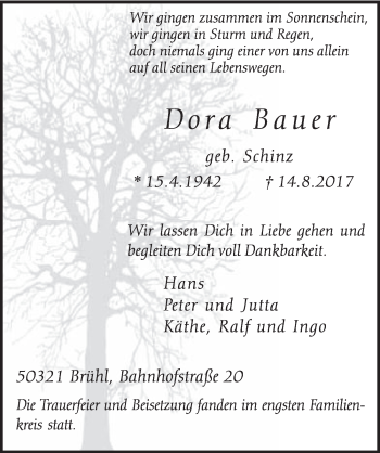 Anzeige von Dora Bauer von  Schlossbote/Werbekurier 