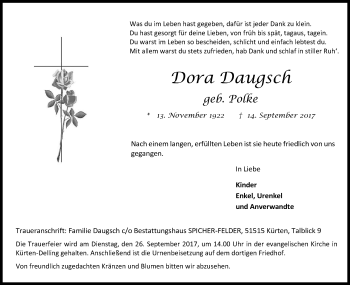 Anzeige von Dora Daugsch von Kölner Stadt-Anzeiger / Kölnische Rundschau / Express