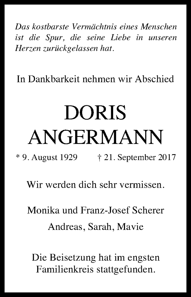  Traueranzeige für Doris Angermann vom 30.09.2017 aus Kölner Stadt-Anzeiger / Kölnische Rundschau / Express