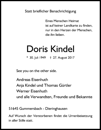 Anzeige von Doris Kindel von Kölner Stadt-Anzeiger / Kölnische Rundschau / Express