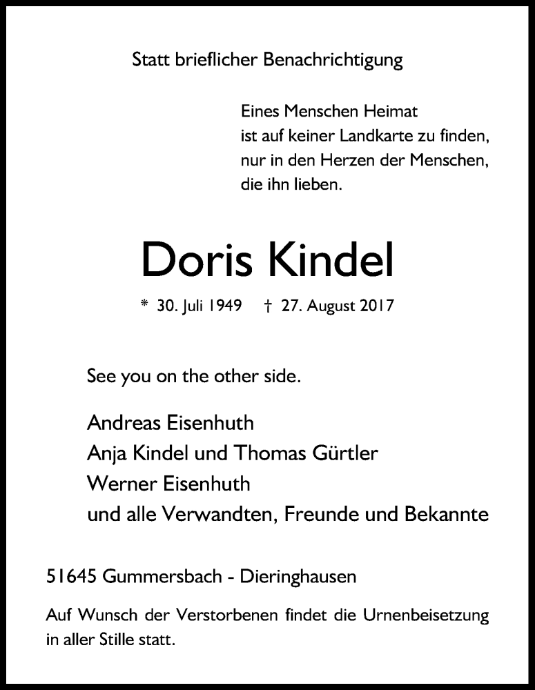  Traueranzeige für Doris Kindel vom 02.09.2017 aus Kölner Stadt-Anzeiger / Kölnische Rundschau / Express