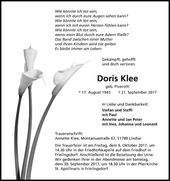 Anzeige von Doris Klee von Kölner Stadt-Anzeiger / Kölnische Rundschau / Express