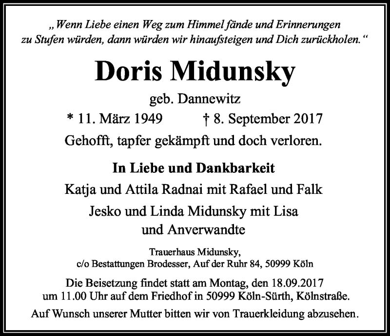  Traueranzeige für Doris Midunsky vom 13.09.2017 aus Kölner Stadt-Anzeiger / Kölnische Rundschau / Express