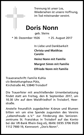 Anzeige von Doris Nonn von Kölner Stadt-Anzeiger / Kölnische Rundschau / Express