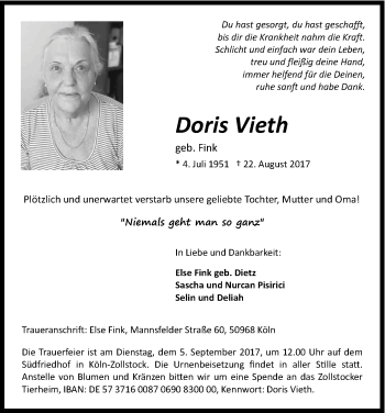 Anzeige von Doris Vieth von Kölner Stadt-Anzeiger / Kölnische Rundschau / Express