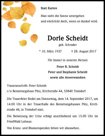 Anzeige von Dorle Scheidt von Kölner Stadt-Anzeiger / Kölnische Rundschau / Express