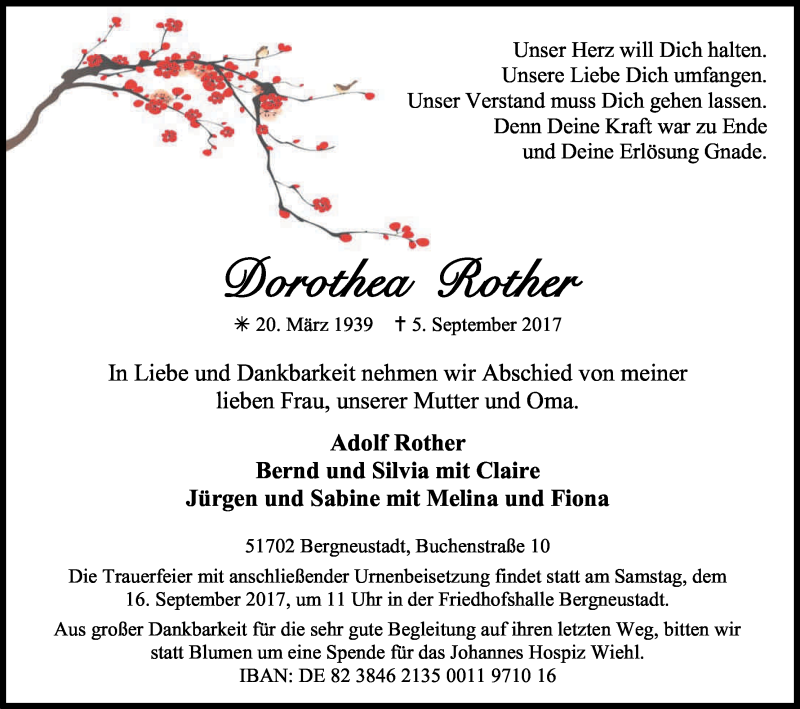  Traueranzeige für Dorothea Rother vom 09.09.2017 aus Kölner Stadt-Anzeiger / Kölnische Rundschau / Express
