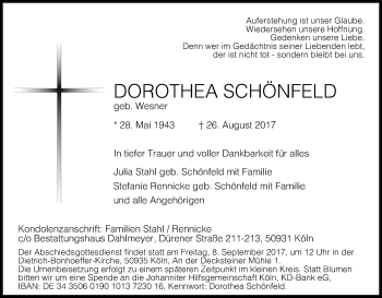 Anzeige von Dorothea Schönfeld von Kölner Stadt-Anzeiger / Kölnische Rundschau / Express