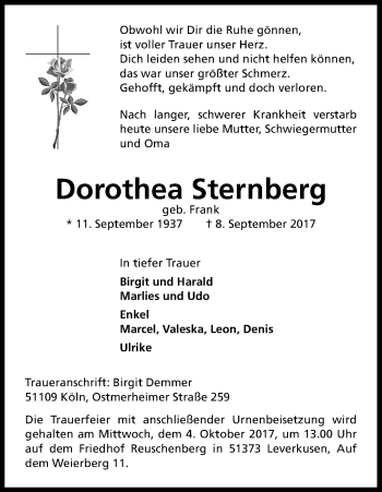 Anzeige von Dorothea Sternberg von Kölner Stadt-Anzeiger / Kölnische Rundschau / Express
