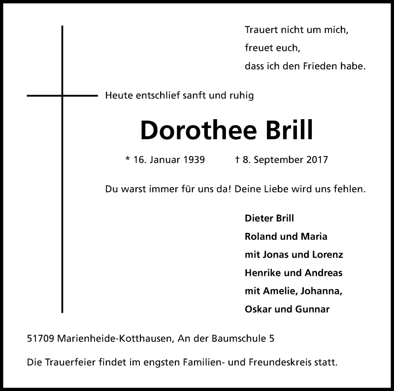  Traueranzeige für Dorothee Brill vom 12.09.2017 aus Kölner Stadt-Anzeiger / Kölnische Rundschau / Express