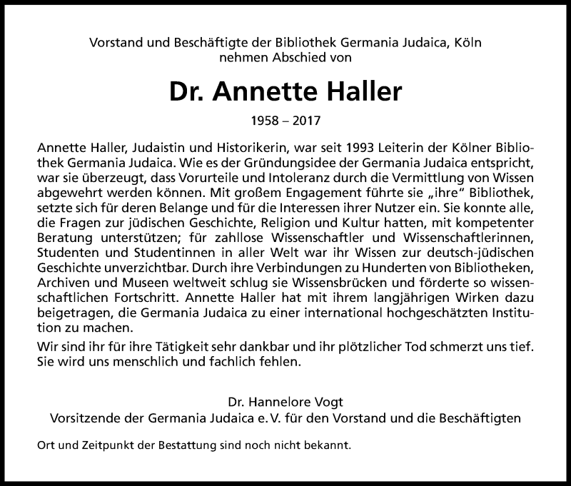  Traueranzeige für Dr. Annette Haller vom 23.09.2017 aus Kölner Stadt-Anzeiger / Kölnische Rundschau / Express