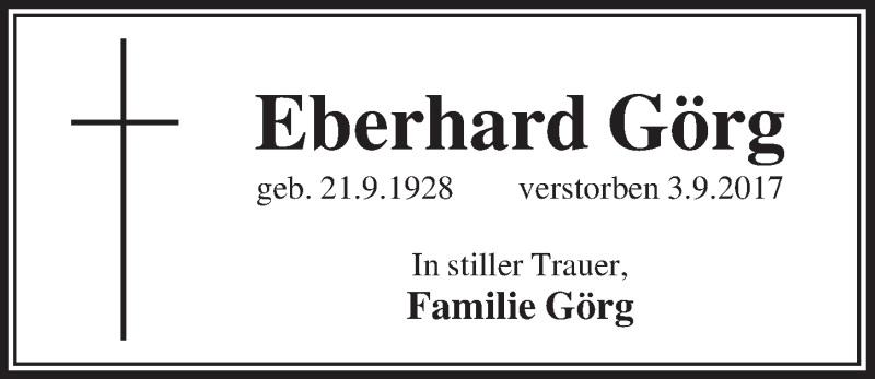  Traueranzeige für Eberhard Görg vom 13.09.2017 aus  Bergisches Handelsblatt 