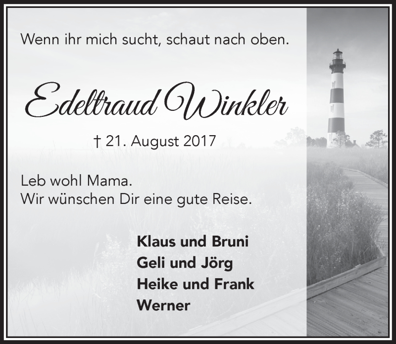  Traueranzeige für Edeltraud Winkler vom 06.09.2017 aus  Anzeigen Echo 