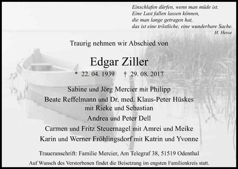  Traueranzeige für Edgar Ziller vom 09.09.2017 aus Kölner Stadt-Anzeiger / Kölnische Rundschau / Express