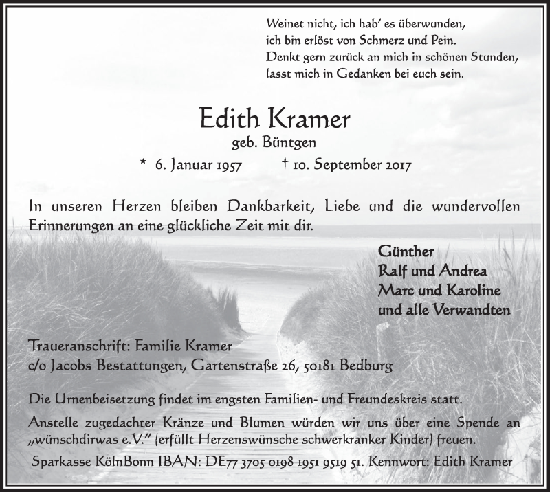  Traueranzeige für Edith Kramer vom 23.09.2017 aus  Sonntags-Post 