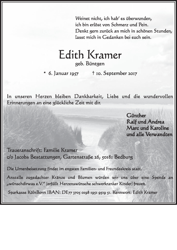  Traueranzeige für Edith Kramer vom 16.09.2017 aus  Sonntags-Post 