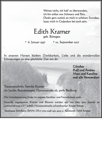 Anzeige von Edith Kramer von  Sonntags-Post 