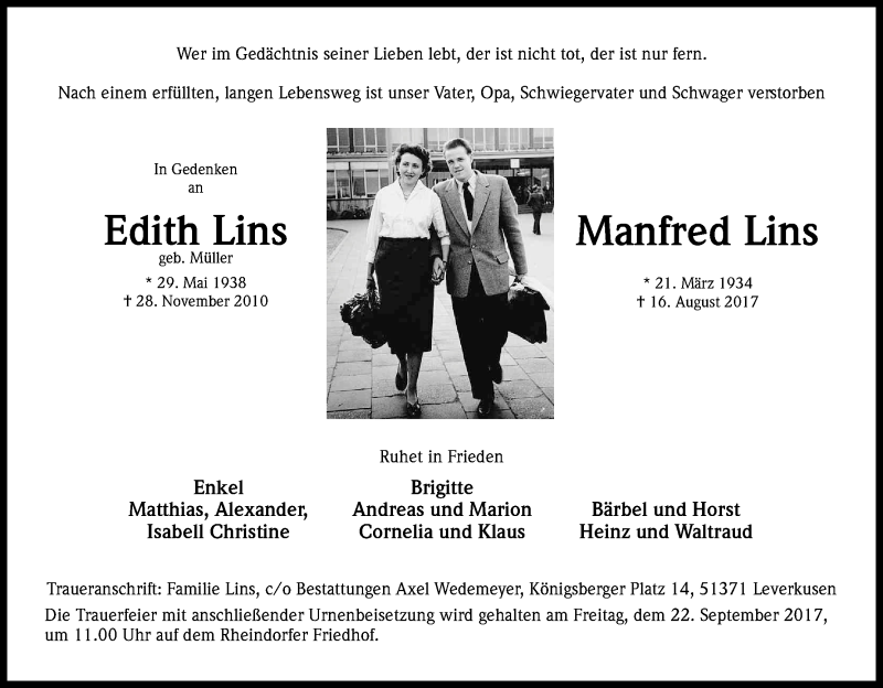  Traueranzeige für Edith und Manfred Lins vom 16.09.2017 aus Kölner Stadt-Anzeiger / Kölnische Rundschau / Express