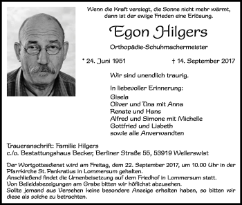 Anzeige von Egon Hilgers von Kölner Stadt-Anzeiger / Kölnische Rundschau / Express