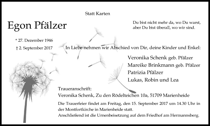  Traueranzeige für Egon Pfälzer vom 11.09.2017 aus Kölner Stadt-Anzeiger / Kölnische Rundschau / Express