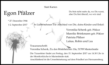 Anzeige von Egon Pfälzer von Kölner Stadt-Anzeiger / Kölnische Rundschau / Express