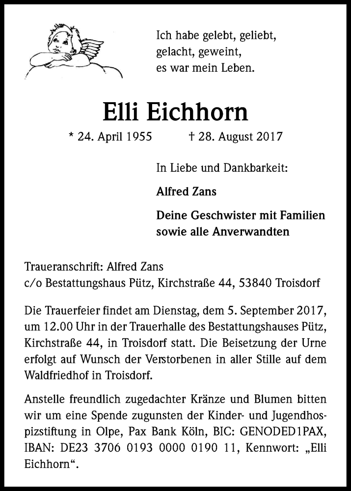  Traueranzeige für Eleonore Eichhorn vom 02.09.2017 aus Kölner Stadt-Anzeiger / Kölnische Rundschau / Express