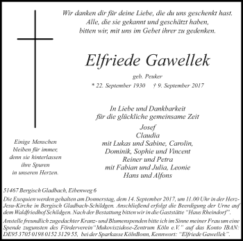 Anzeige von Elfriede Gawellek von Kölner Stadt-Anzeiger / Kölnische Rundschau / Express