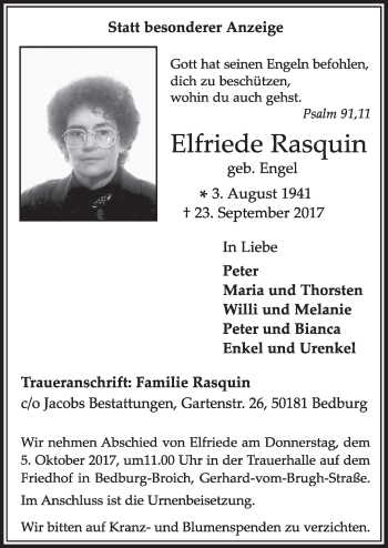 Anzeige von Elfriede Rasquin von  Sonntags-Post 