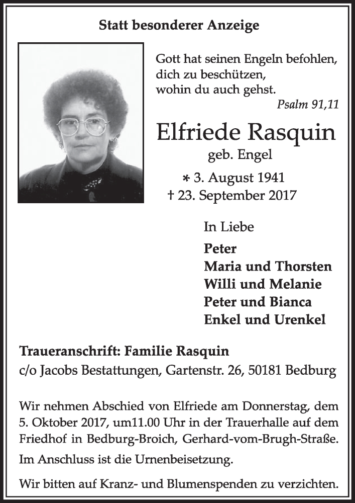  Traueranzeige für Elfriede Rasquin vom 30.09.2017 aus  Sonntags-Post 
