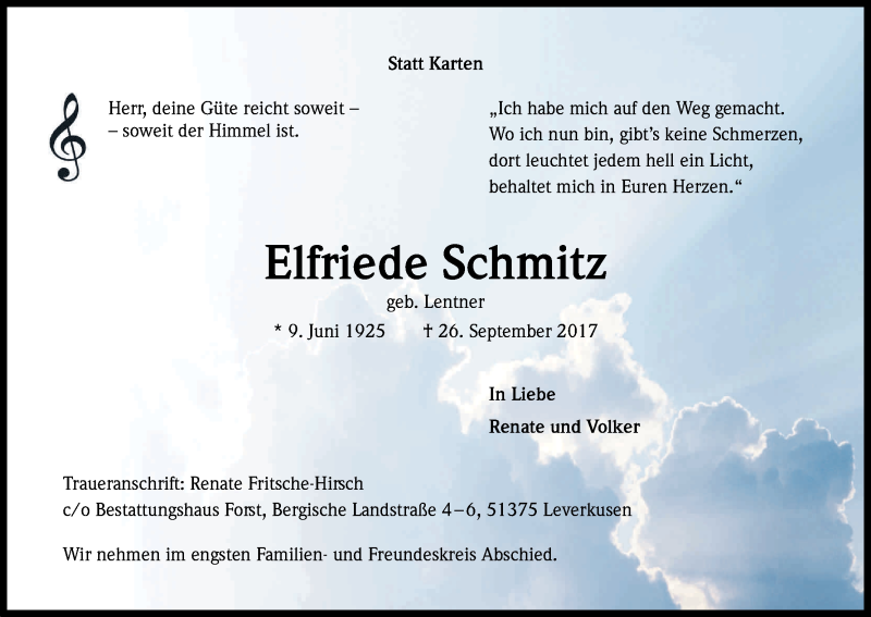  Traueranzeige für Elfriede Schmitz vom 30.09.2017 aus Kölner Stadt-Anzeiger / Kölnische Rundschau / Express