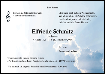 Anzeige von Elfriede Schmitz von Kölner Stadt-Anzeiger / Kölnische Rundschau / Express
