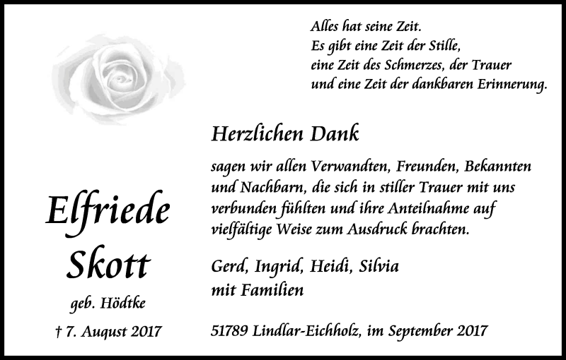  Traueranzeige für Elfriede Skott vom 16.09.2017 aus Kölner Stadt-Anzeiger / Kölnische Rundschau / Express