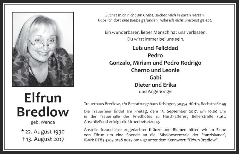  Traueranzeige für Elfrun Bredlow vom 06.09.2017 aus  Wochenende 