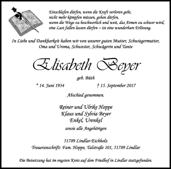 Anzeige von Elisabeth Beyer von Kölner Stadt-Anzeiger / Kölnische Rundschau / Express