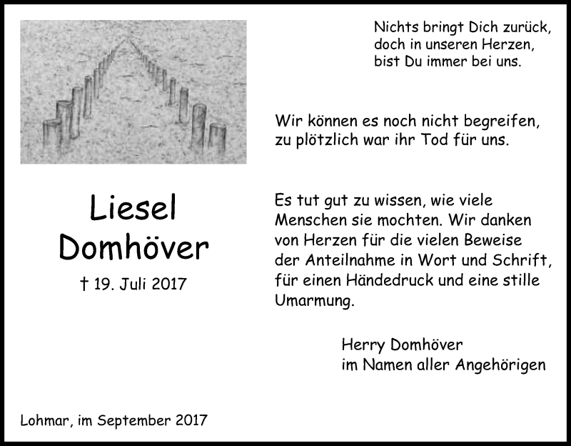  Traueranzeige für Elisabeth Domhöver vom 20.09.2017 aus Kölner Stadt-Anzeiger / Kölnische Rundschau / Express