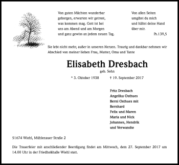 Anzeige von Elisabeth Dresbach von Kölner Stadt-Anzeiger / Kölnische Rundschau / Express
