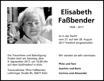 Anzeige von Elisabeth Faßbender von Kölner Stadt-Anzeiger / Kölnische Rundschau / Express
