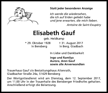 Anzeige von Elisabeth Gauf von Kölner Stadt-Anzeiger / Kölnische Rundschau / Express