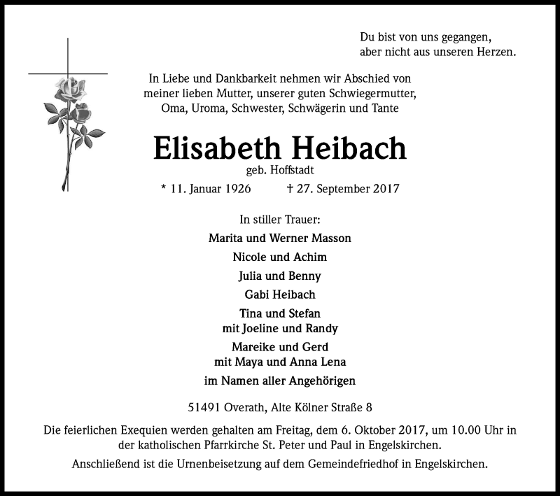  Traueranzeige für Elisabeth Heibach vom 30.09.2017 aus Kölner Stadt-Anzeiger / Kölnische Rundschau / Express