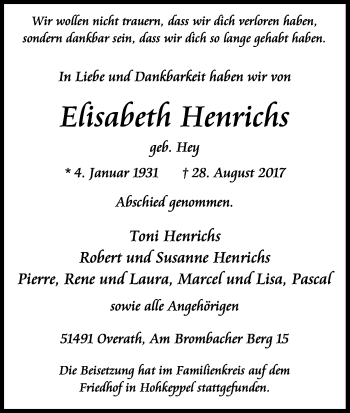 Anzeige von Elisabeth Henrichs von Kölner Stadt-Anzeiger / Kölnische Rundschau / Express